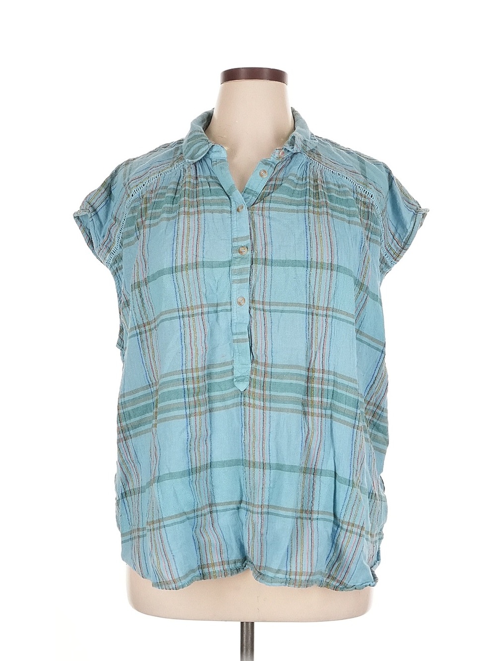 Pilcro Light Blue Plaid Cap-Sleeve Button-Front Top